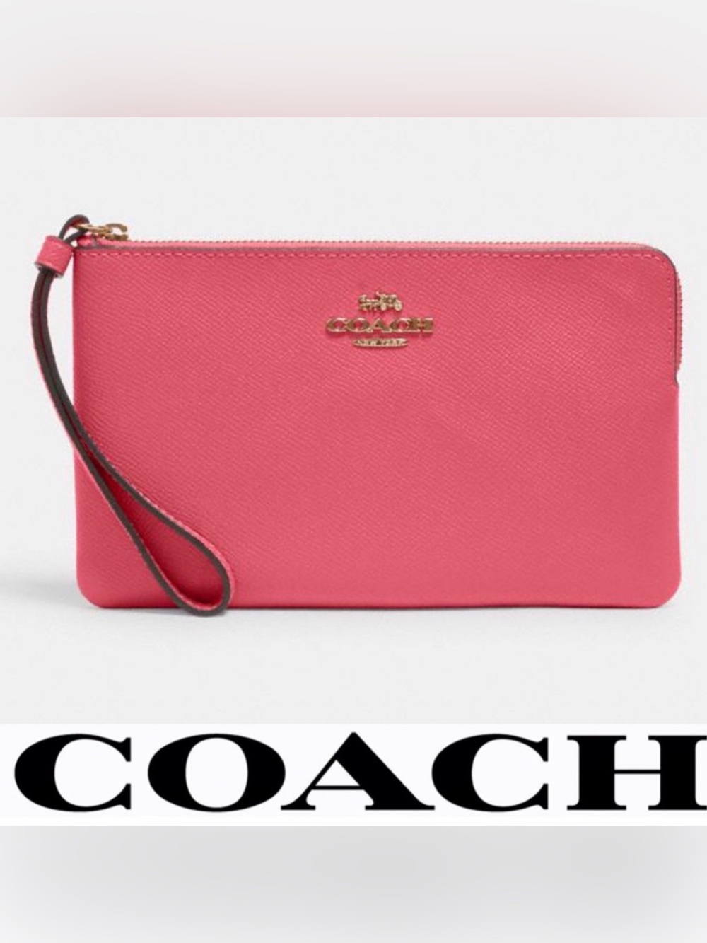 Coach Bright Pink Silver Crossgrain Leather Large Conor Zip Wristlet
